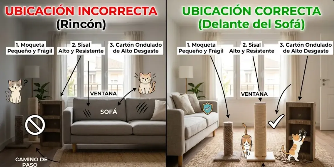 Ilustración gráfica de una habitación mostrando la ubicación incorrecta (rincón) vs. la correcta (delante del sofá) del rascador