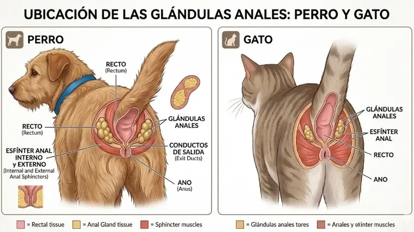 Ilustración veterinaria mostrando la ubicación de las glándulas anales a las 4 y a las 8 alrededor del ano