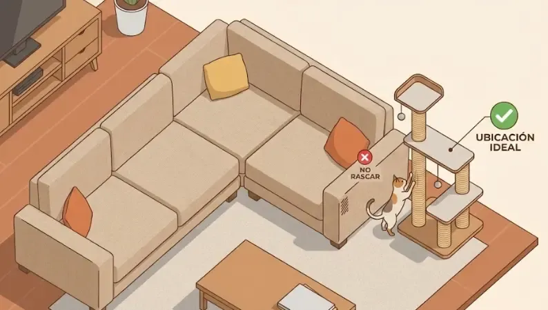 Diagrama de un salón mostrando la ubicación ideal del rascador junto al sofá