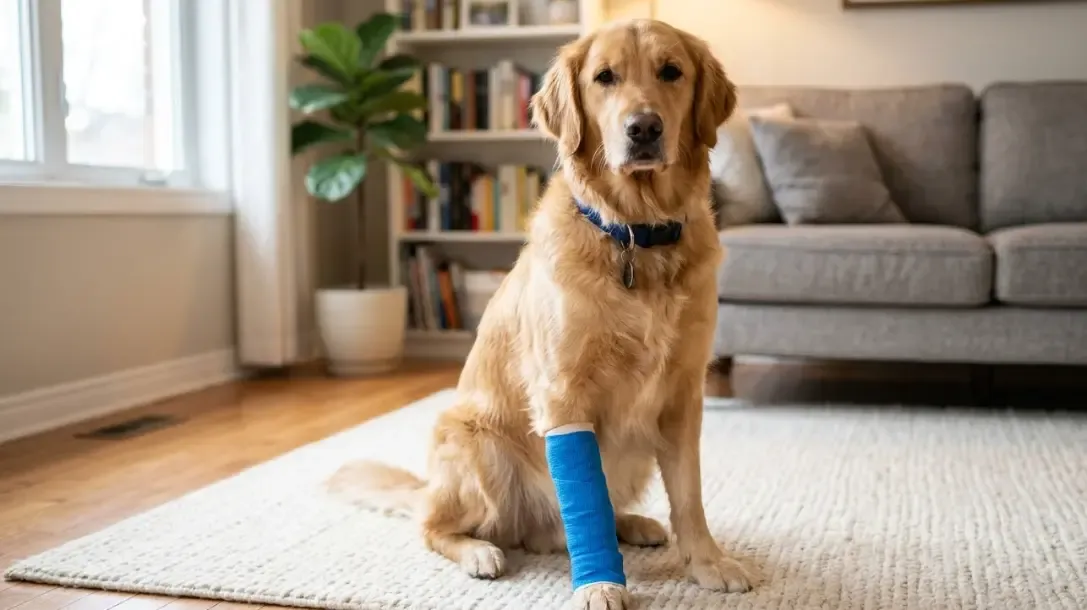 Un perro con un vendaje cohesivo de color azul brillante en su pata delantera