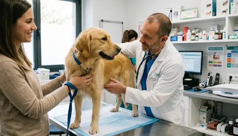 Veterinario examinando con calma a una perra mestiza en la mesa de la consulta