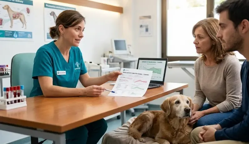 Veterinario mostrando unos análisis de sangre a un dueño preocupado con su perro en la camilla