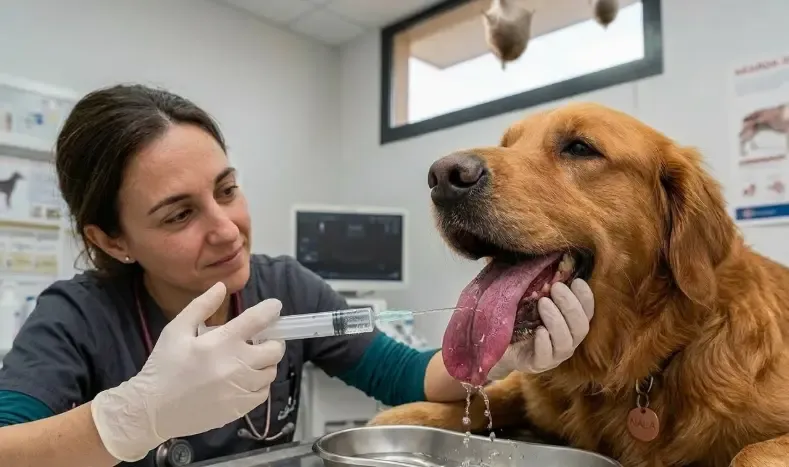 Veterinario lavando la lengua de un perro anestesiado tras contacto con oruga procesionaria