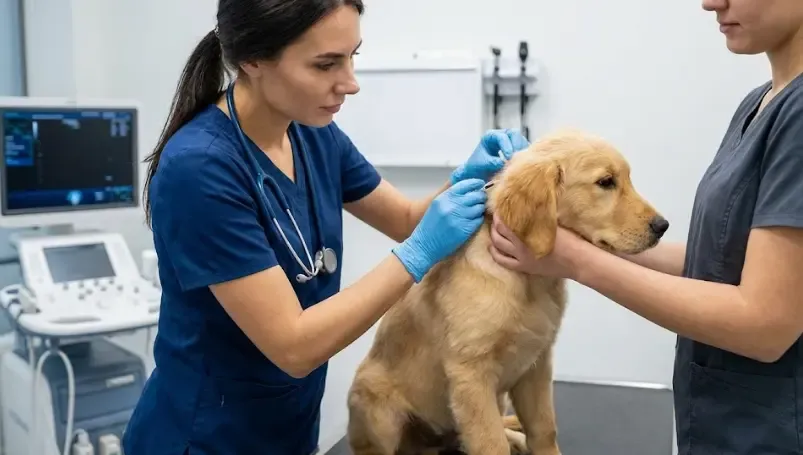 Veterinario explicando identificación con microchip
