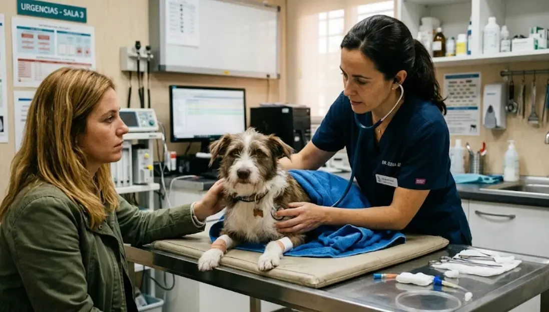 Veterinario revisando perro en consulta tras emergencia