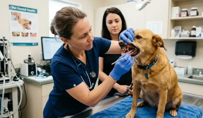 Veterinario revisando la boca de un perro, levantando el labio para mostrar sarro en los dientes