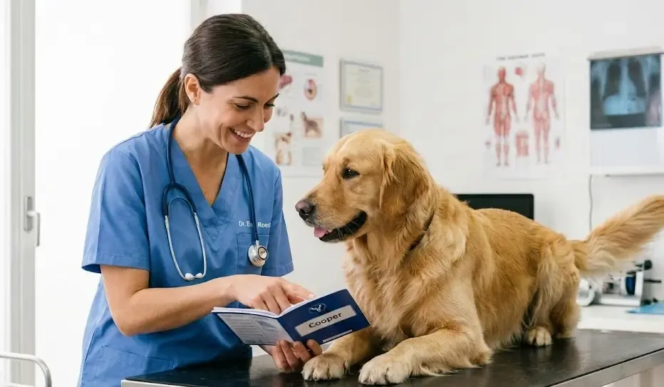 Veterinario sonriente revisando la cartilla de vacunación de un perro golden retriever